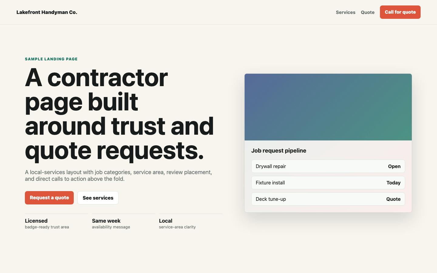 Contractor landing page sample screenshot